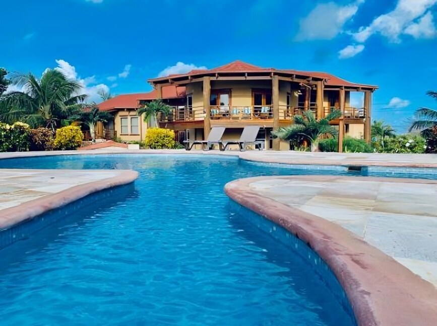 A large villa is framed by lush greenery, visible from a curved swimming pool. The pool reflects a clear blue sky, while sun loungers are positioned beside it. The villa features a spacious design with multiple balconies, surrounded by vibrant tropical plants.