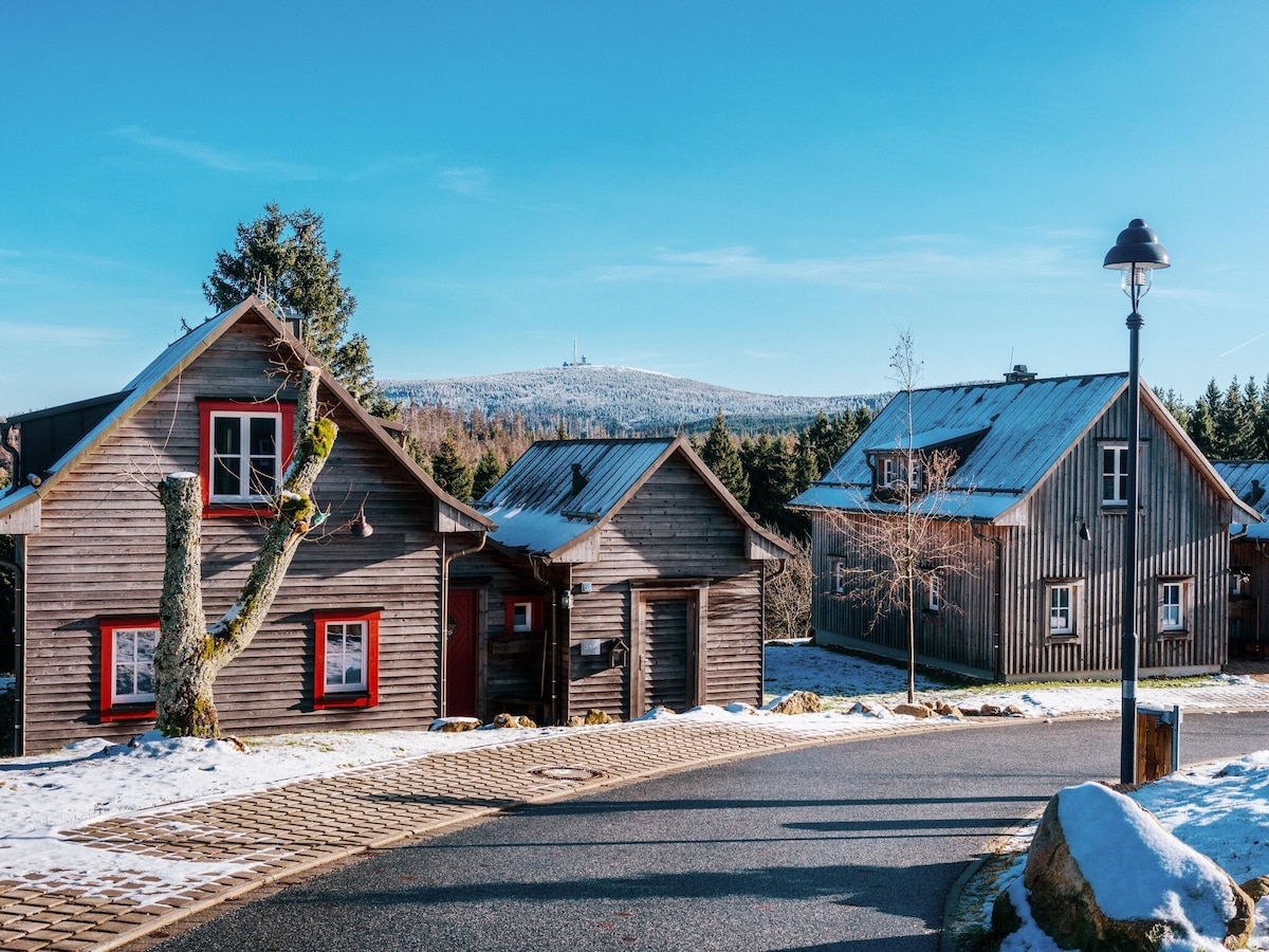 Two rustic wooden houses are set against a clear blue sky, with snow partially covering the ground. The house on the left features red window frames, and the right house displays a sloped roof. Scenic hills can be seen in the background.