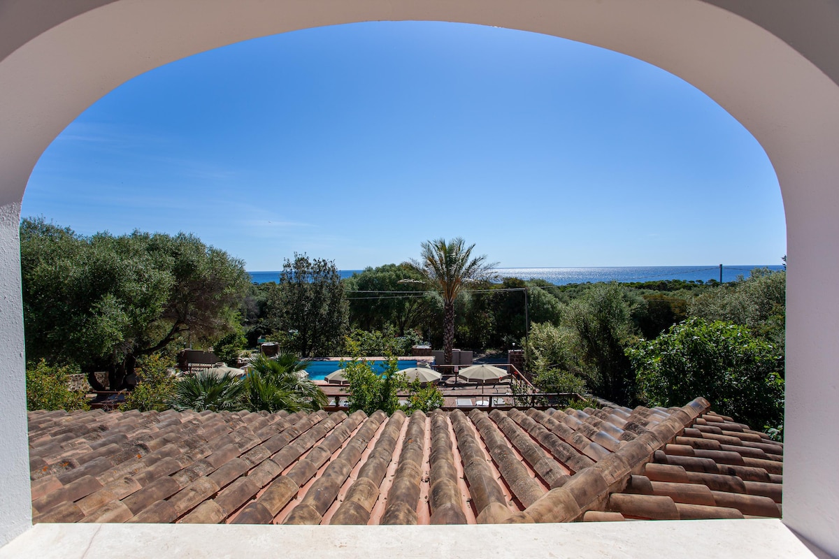 A panoramic view is captured through a large archway, revealing a serene landscape that includes a swimming pool, vibrant green trees, and the distant sea under a clear blue sky.