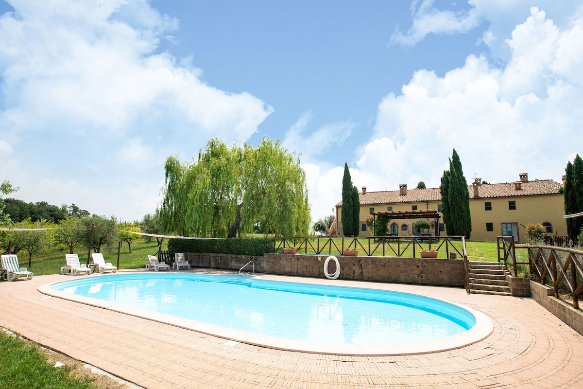 A large swimming pool is surrounded by lush greenery and features a gentle curve. Sun loungers are positioned around the pool area, inviting relaxation. The farmhouse is visible in the background, complemented by trees and landscaped gardens under a clear blue sky.