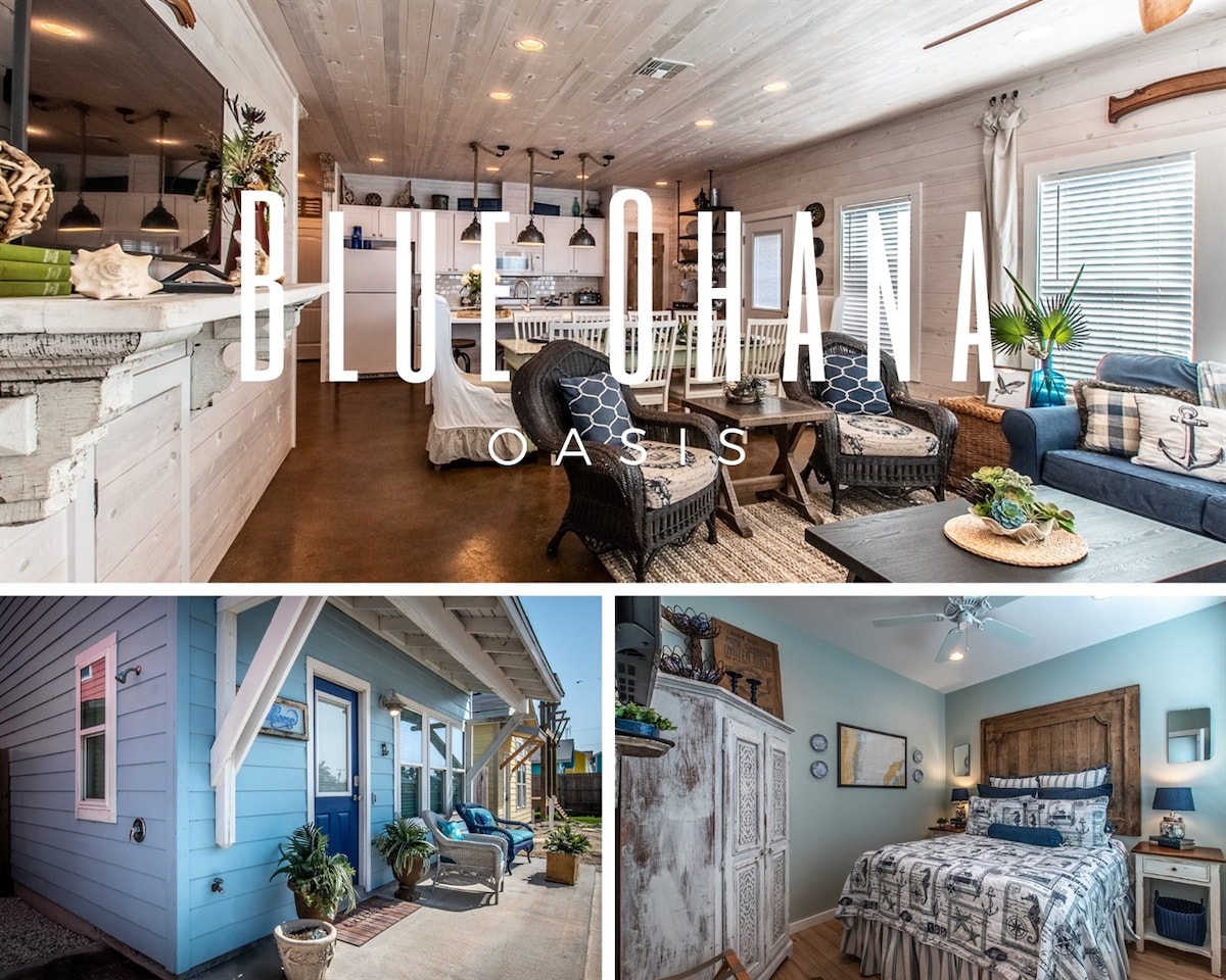 An open living area showcases a coastal vintage decor, featuring comfortable seating options, a kitchen with bar stools, and large windows that provide ample natural light. A serene blue exterior with inviting furniture accents the space, while a cozy bedroom includes a charming headboard and decorative elements.
