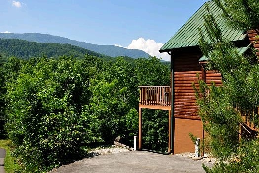 The cabin exterior is framed by lush greenery, showcasing natural surroundings that complement the rustic wooden structure. The green metal roof contrasts with the warm brown of the logs. Majestic mountain views are visible in the distance under a clear blue sky.