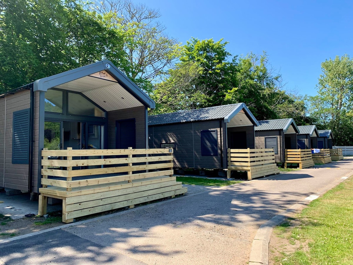 A row of modern lodges is positioned along a well-maintained pathway, featuring wooden porches and framed by lush greenery. Each lodge has a distinct pitched roof and large windows, creating an inviting entry. Clear blue skies provide a bright backdrop to the scene.