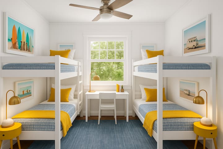 Updated (AI Generated Image): Bright and airy bunk bed bedroom featuring two new durable twin XL bunk beds, modern artwork, and a personal desk and chair—ideal for remote work. Enjoy a smart TV and peaceful views overlooking the quiet Flamingo Park s