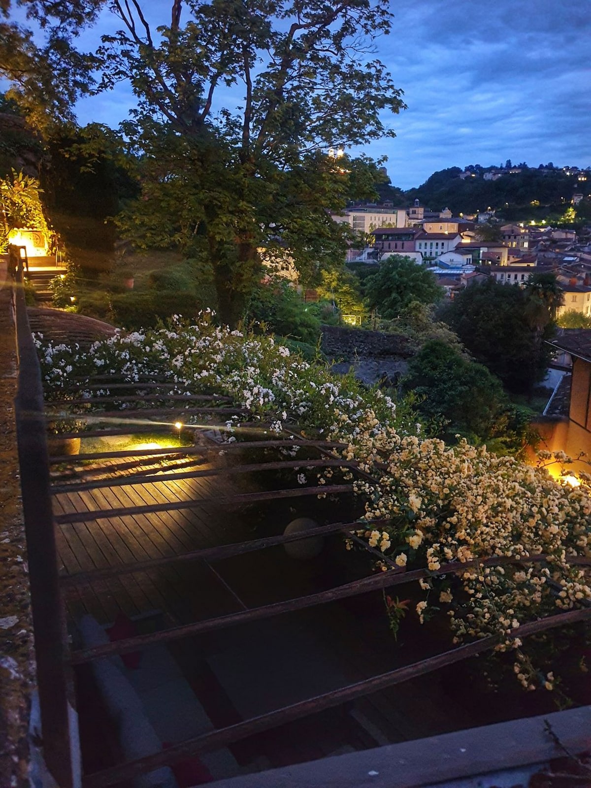 A serene scene captures a garden terrace adorned with lush greenery and flowering plants under a twilight sky. Soft lighting from nearby fixtures enhances the natural beauty of the surroundings, with distant buildings and trees visible in the background.