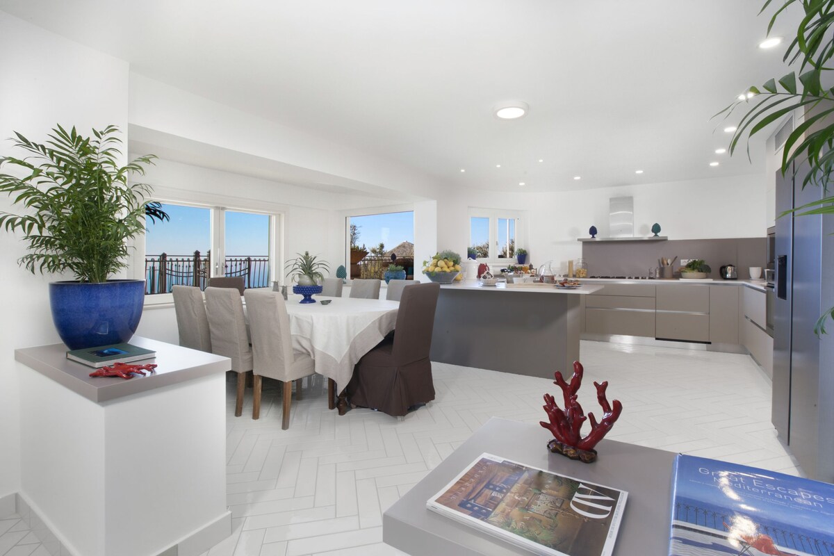 The modern dining and kitchen area features a spacious layout with a large dining table set for ten. A stylish island kitchen is equipped with modern appliances. Bright natural light floods the room through large windows offering views of the surroundings.