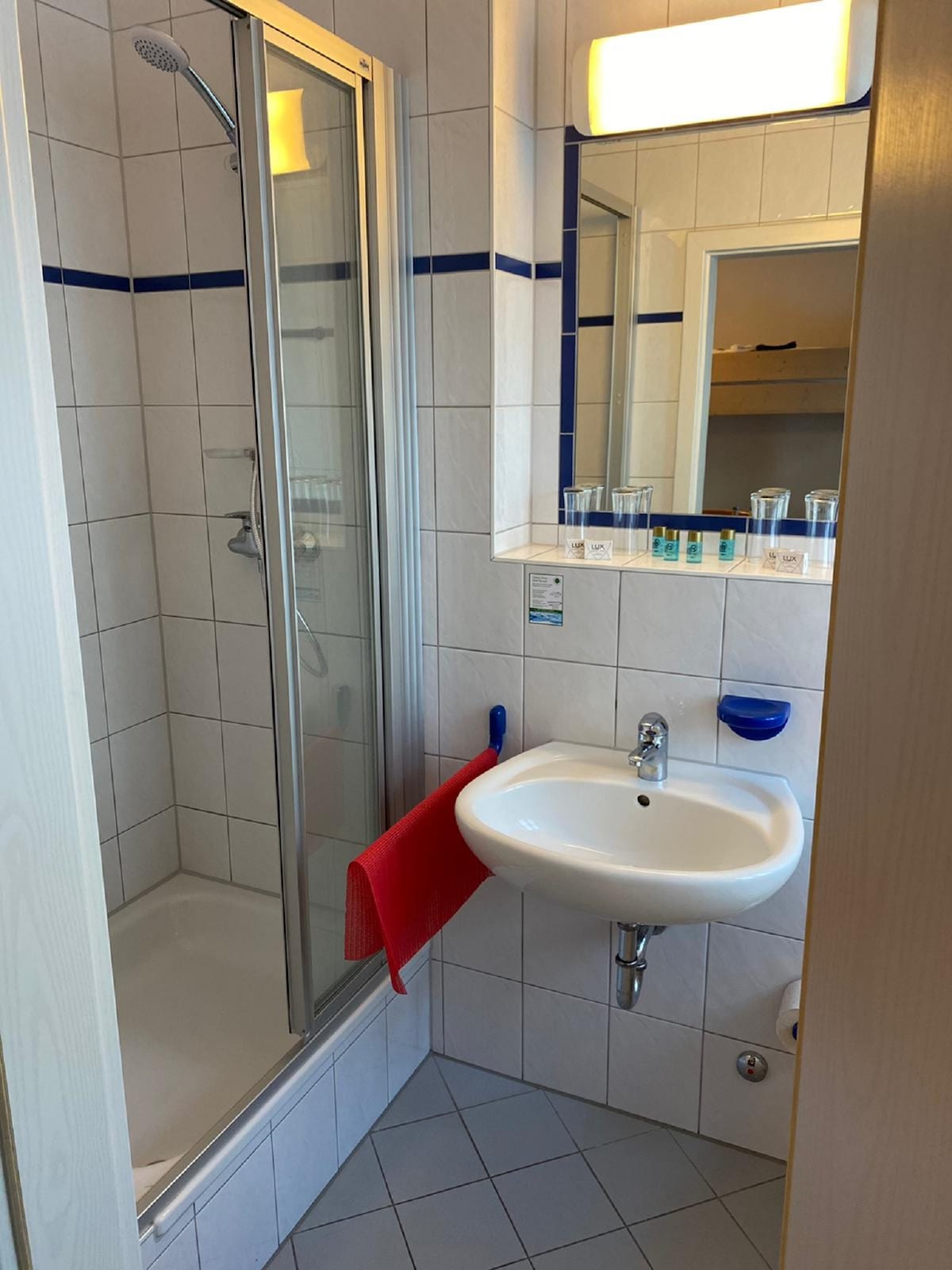 The bathroom features a modern shower with a glass door, situated next to a white sink and a mirror. A red towel is neatly hung by the sink. The tiled walls and floor contribute to a clean, spacious environment, with toiletries arranged on a shelf.