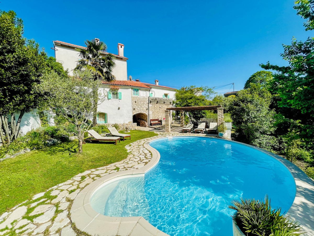 A sunlit outdoor area features a uniquely shaped swimming pool surrounded by a lush garden. Lounge chairs are positioned on the lawn, with a shaded seating area nearby. The backdrop includes a two-story house with vibrant greenery and blue skies.