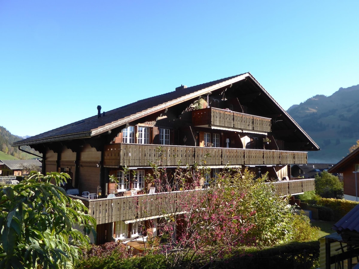 The multifamily chalet, built in 1989, features a traditional wooden exterior with balconies adorned with garden furniture. Surrounding greenery and distant hills offer a serene backdrop, while the clear blue sky enhances the sunny location.