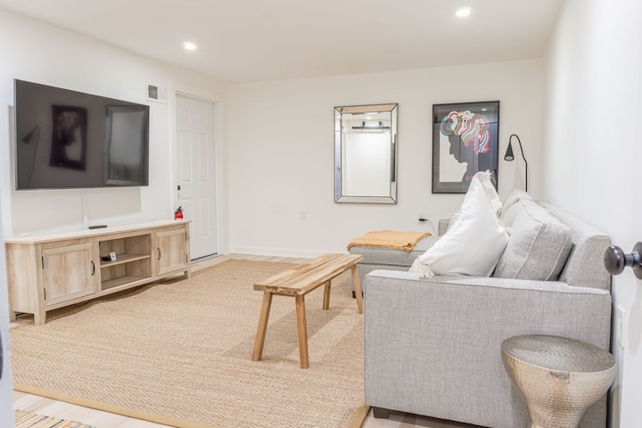 Basement living room has a pull-out sofa and an Apple TV