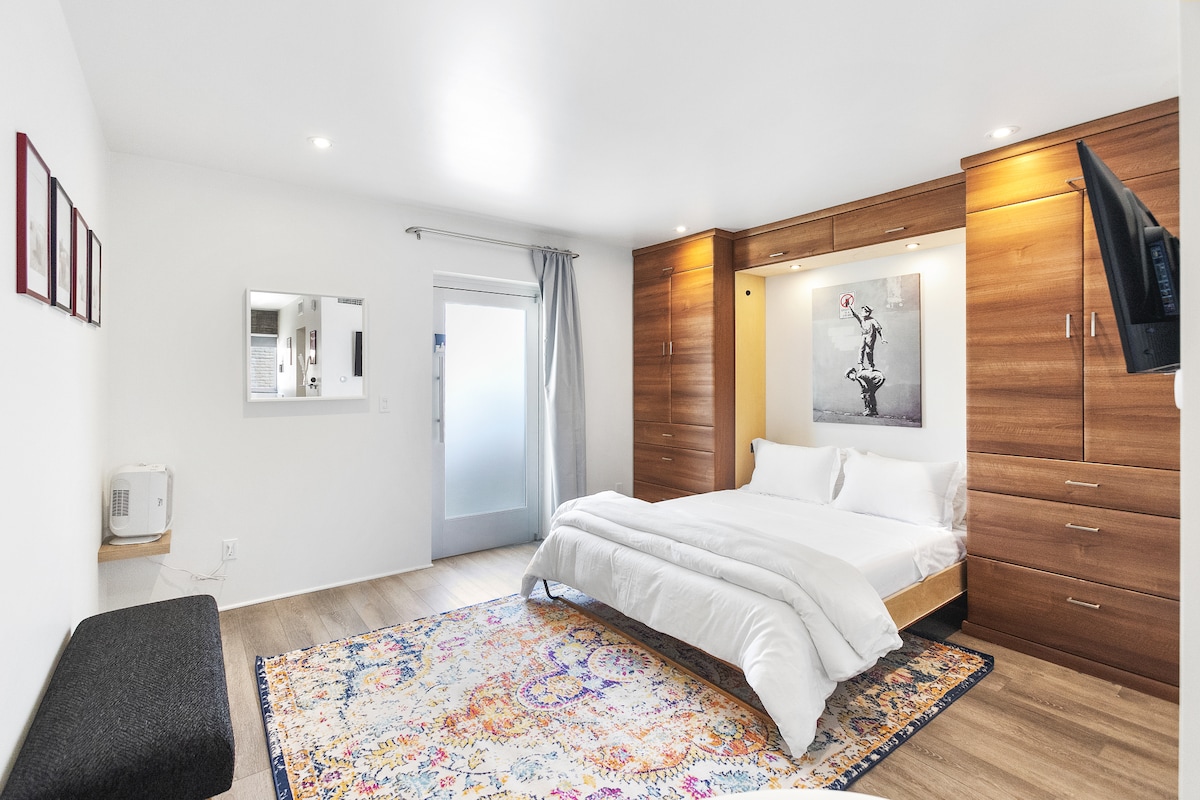 A spacious studio room showcases a Murphy bed with built-in cabinets, complemented by hardwood flooring and soft lighting. A decorative area rug adds color to the floor, while a wall-mounted TV is positioned above a small seating bench. A mirrored wall reflects natural light from the nearby window.
