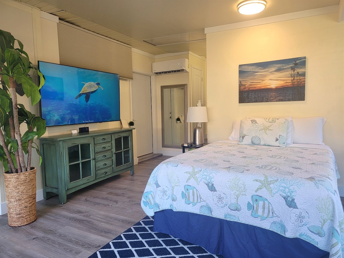 A spacious private suite features a queen bed adorned with a patterned blanket. A large TV sits on the wall opposite the bed, displaying an underwater scene. A decorative plant is positioned beside the bed, adding a touch of greenery to the room.