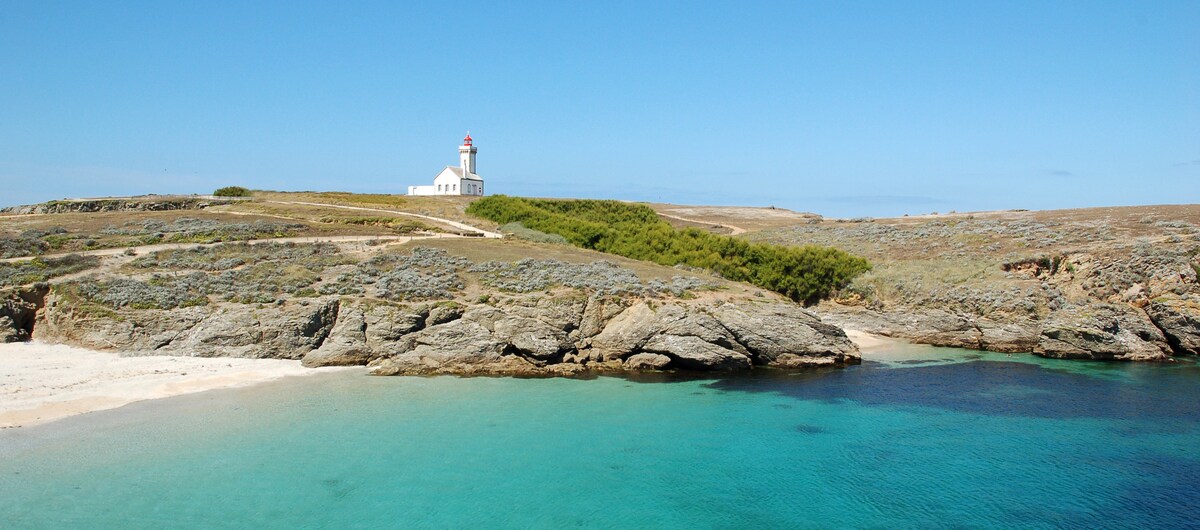 A coastal landscape features sandy beaches and rocky shores, with clear turquoise waters gently lapping at the edge. In the background, a lone lighthouse stands on a grassy hill, surrounded by a serene, untouched environment under a clear blue sky.