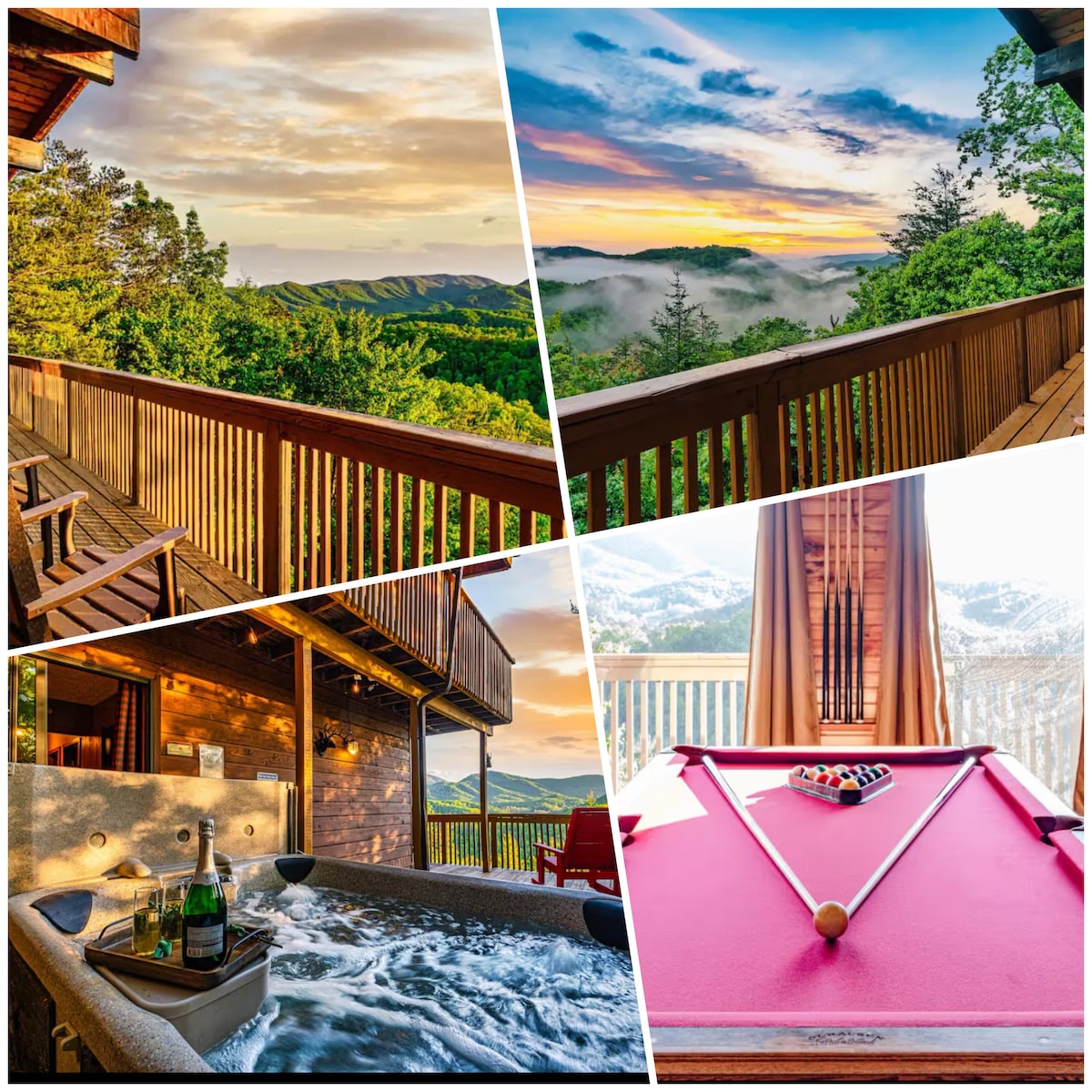 A collection of images showcases the cabin's inviting outdoor space and amenities. The panoramic Smokey Mountain views are framed by the wooden deck with seating. A hot tub bubbles nearby, while a pool table is positioned indoors, highlighting entertainment options for guests.
