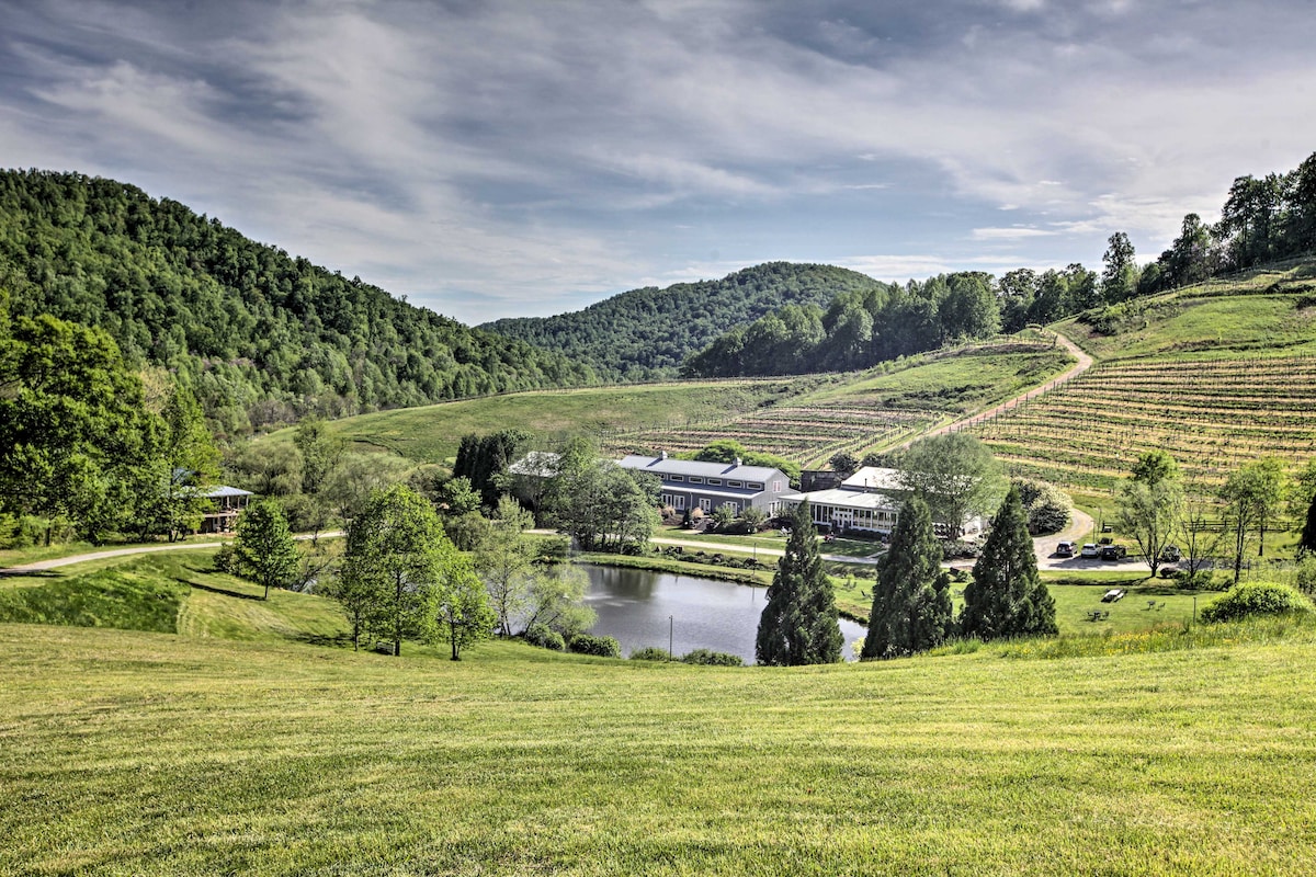 The expansive view showcases rolling hills covered in lush greenery, leading to terraced vineyards. A serene pond is visible in the foreground, reflecting the surrounding trees and buildings of the winery, set against a backdrop of gentle slopes under a partly cloudy sky.