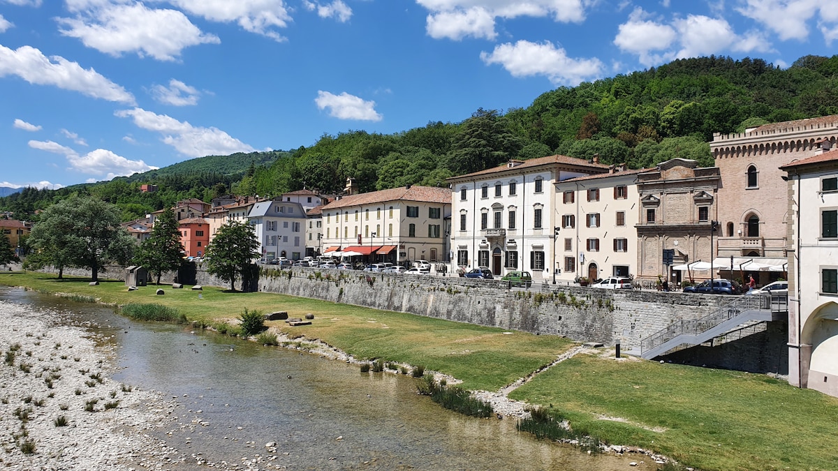 A scenic view of a riverbank is displayed, featuring a peaceful river gently flowing. Buildings line the opposite shore, showcasing a mix of architectural styles, with green hills rising in the background. A grassy area extends along the bank, providing a natural contrast.