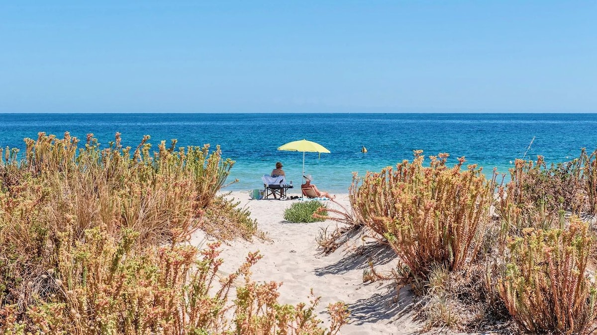 A sandy pathway leads to the beach, framed by vibrant coastal vegetation. An umbrella provides shade for two seated individuals facing the calm, turquoise waters of Geographe Bay, under a clear blue sky.