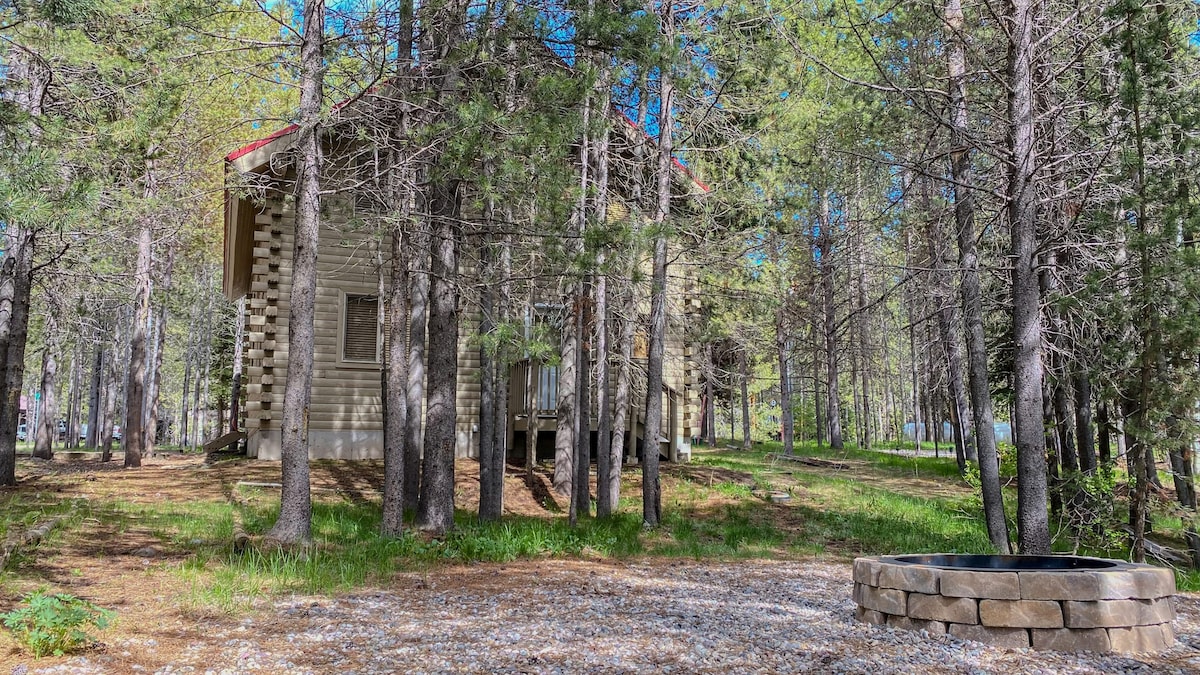 A charming log cabin nestled among tall trees features a simple fire pit made of stone in the foreground. The cabin has a warm exterior with a classic roofline, blending seamlessly with the natural surroundings.