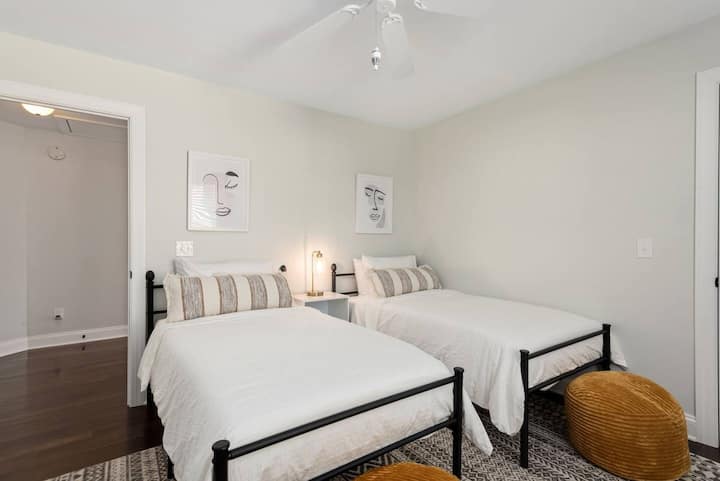 Twin Bedroom - Memory Foam Mattresses. Dresser. Walk-in Closet. Nightstand and Lighting.