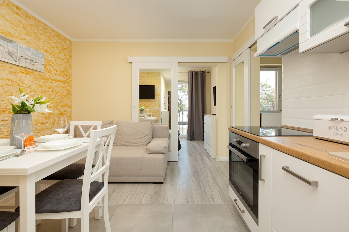 The open-concept living area features a light-colored kitchen with modern appliances, including an oven and stovetop. A dining table with four chairs is set nearby, while a comfortable sofa is positioned in front of a wall-mounted TV. Light streams through large windows, enhancing the space.