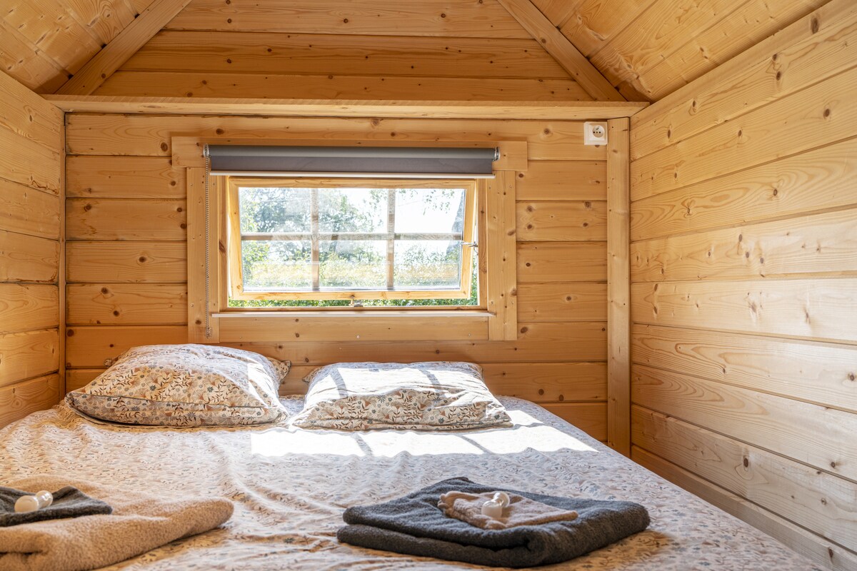 A cozy sleeping area situated in a wooden cabin features a spacious bed with patterned pillows and fresh linens. Natural light filters through the window, illuminating the warm wooden walls and creating a serene environment.