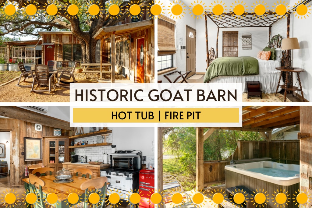 The image displays four sections showcasing the historic goat barn. The top left area features an outdoor seating arrangement under a large tree. The top right section shows a sleeping space with a canopied bed. The bottom left highlights a kitchen area with rustic decor. The bottom right presents a private hot tub on a shaded patio.