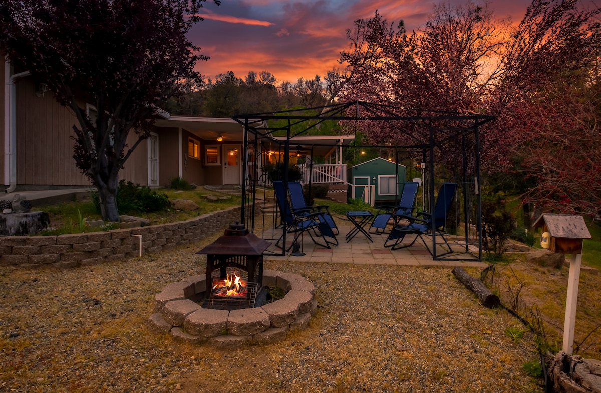 An outdoor seating area is surrounded by colorful trees, featuring a circular stone fire pit with a lit fire at its center. Comfortable blue chairs are arranged under a metal gazebo, with a warm sunset illuminating the sky in the background.