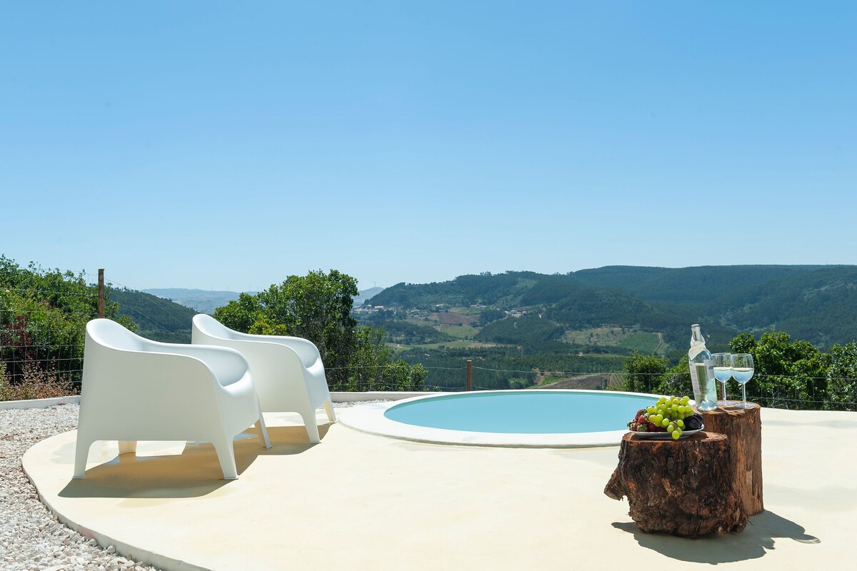 A small circular pool is nestled in a scenic outdoor area, surrounded by greenery and distant hills. Two modern white chairs are positioned nearby, next to a wooden stump holding a glass of water and fresh grapes, offering a serene space for relaxation.