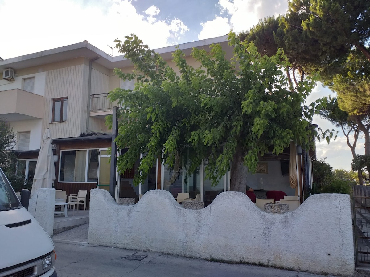 The exterior of a two-story building is displayed, featuring a spacious terrace shaded by lush green foliage. A white wall encloses the property, and several outdoor seating areas are visible. Large windows indicate the presence of inviting indoor spaces, while trees and landscaping enhance the surroundings.