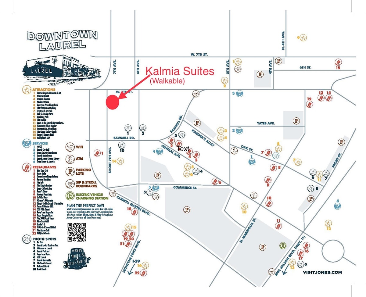 A detailed map of downtown Laurel showcases various local attractions, shops, and restaurants. Key locations are identified, with the property marked as Kalmia Suites, emphasizing its walkable proximity to the vibrant downtown area, facilitating easy exploration of the surroundings.