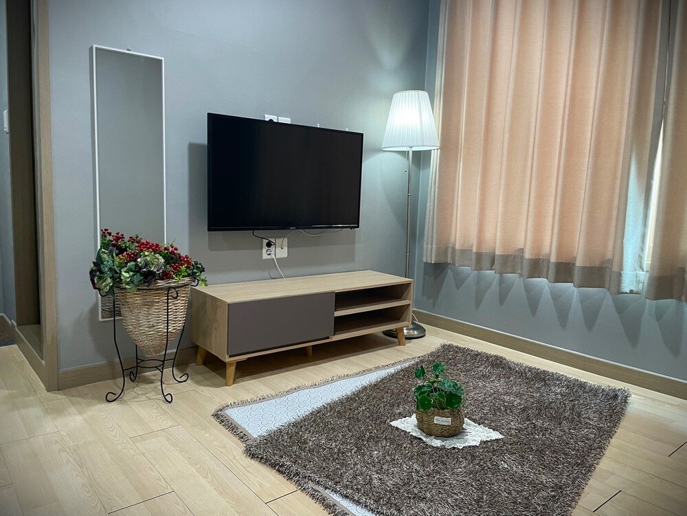 A living area features a wall-mounted television above a low wooden media console. A cozy, light-colored rug lays on the floor, complemented by a small plant in a woven basket at its center. Natural light filters in through sheer curtains.