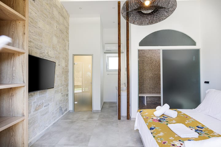 חדר שינה כפול עם מיטת קווין סייז וחדר רחצה צמוד בקומת הקרקע. התקנת טלוויזיה ומיזוג אוויר. 