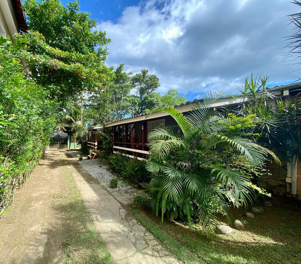 A pathway leads through lush greenery toward a charming house, flanked by tropical plants and trees. The exterior features large windows that invite plenty of natural light, while the overall setting conveys a serene and inviting atmosphere surrounded by nature.
