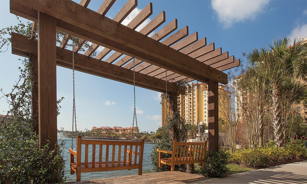 A wooden pergola frames two swings overlooking a tranquil body of water. Lush greenery and palm trees provide a natural backdrop, while buildings can be seen in the distance against a clear blue sky. The scene invites relaxation and a connection with nature.