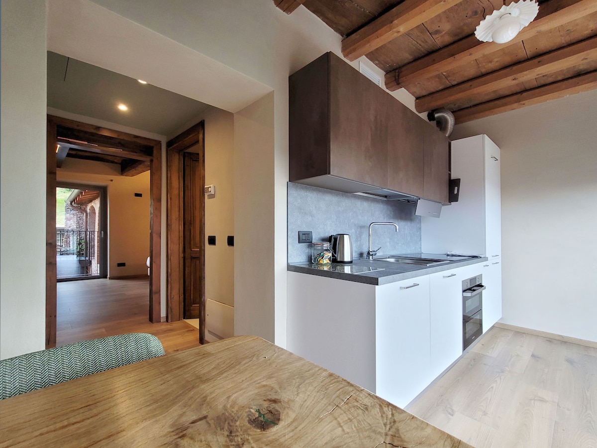 A modern kitchen featuring an induction hob, refrigerator, and oven is highlighted. Wooden beams run across the ceiling, complementing the clean, white cabinetry. A dining table with a textured green chair is visible, adding a cozy touch to the open space connecting to the living area.