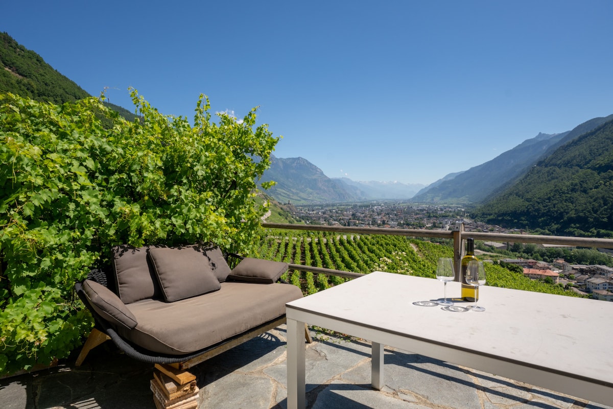 A comfortable seating area is shown on a spacious terrace, surrounded by lush greenery. A table is set with wine glasses and a bottle, creating a perfect spot for relaxation. A panoramic view of the valley and mountains is prominently featured in the background.