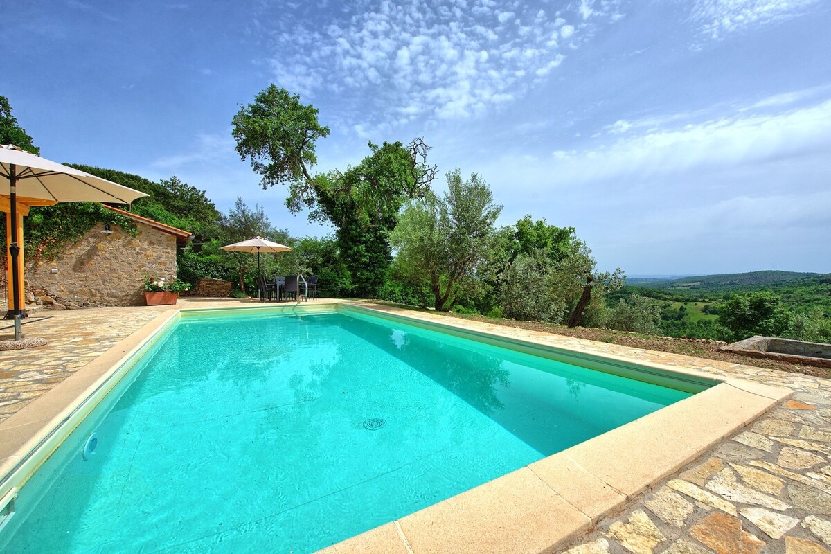 A private swimming pool is set within a stone patio, surrounded by lush greenery and trees. Sun umbrellas provide shade for relaxation. The pool water appears clear and inviting, with panoramic views of the countryside visible in the background under a light blue sky.