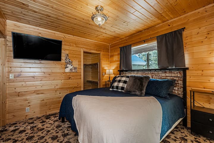 master bedroom with a large walk in closet, connected master bath, 49" smart tv, and BlueBay player