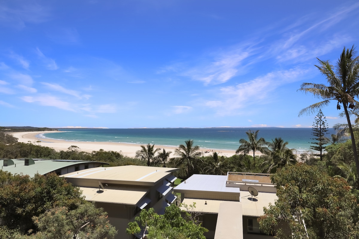 A panoramic view of Cylinder Beach is presented, showcasing the sandy shoreline and azure ocean. Lush greenery frames the scene, while the bright sky enhances the beach's inviting atmosphere. Ocean waves gently lap against the coast, highlighting the natural beauty of the location.