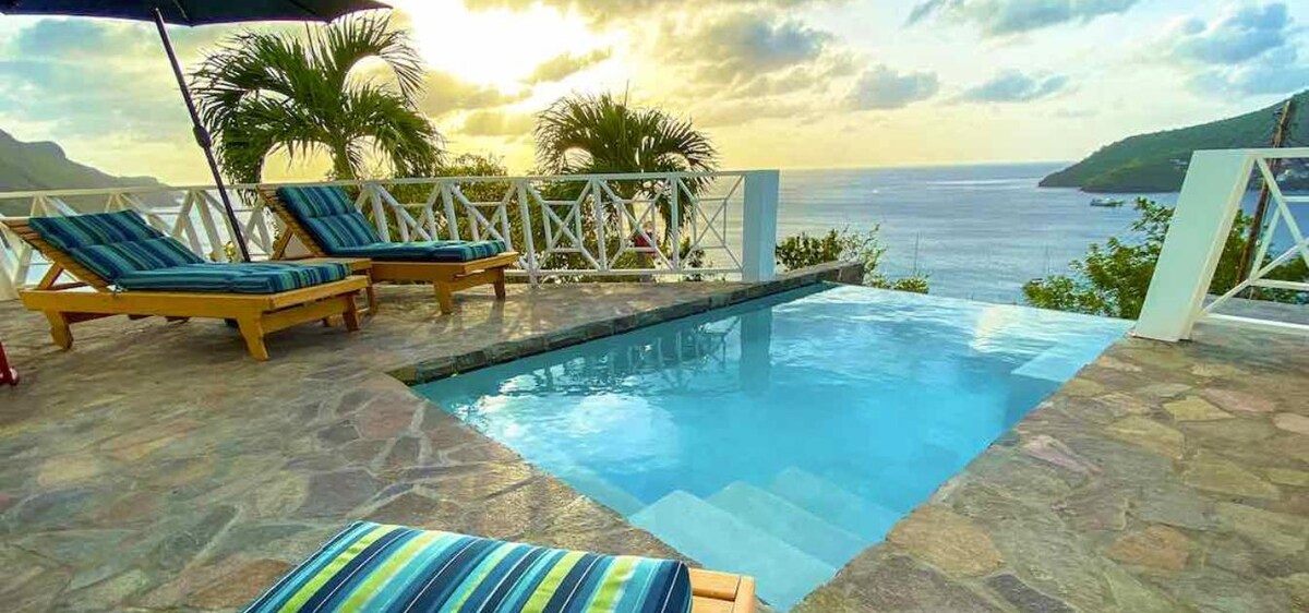 A serene infinity pool extends toward the horizon, surrounded by lounge chairs with blue and green striped cushions. Lush palm trees are framed against a backdrop of an expansive ocean view, while the sun sets on the horizon, casting warm tones across the sky.