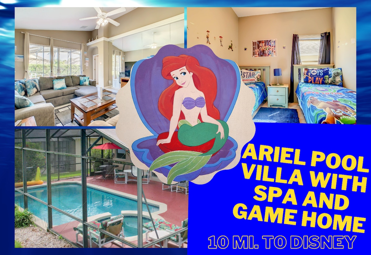 The image showcases a cozy living area featuring a comfortable seating arrangement and a ceiling fan. A vibrant kids' room adorned with a playful theme is visible, along with a private outdoor pool and spa area, all complemented by inviting sunshine.