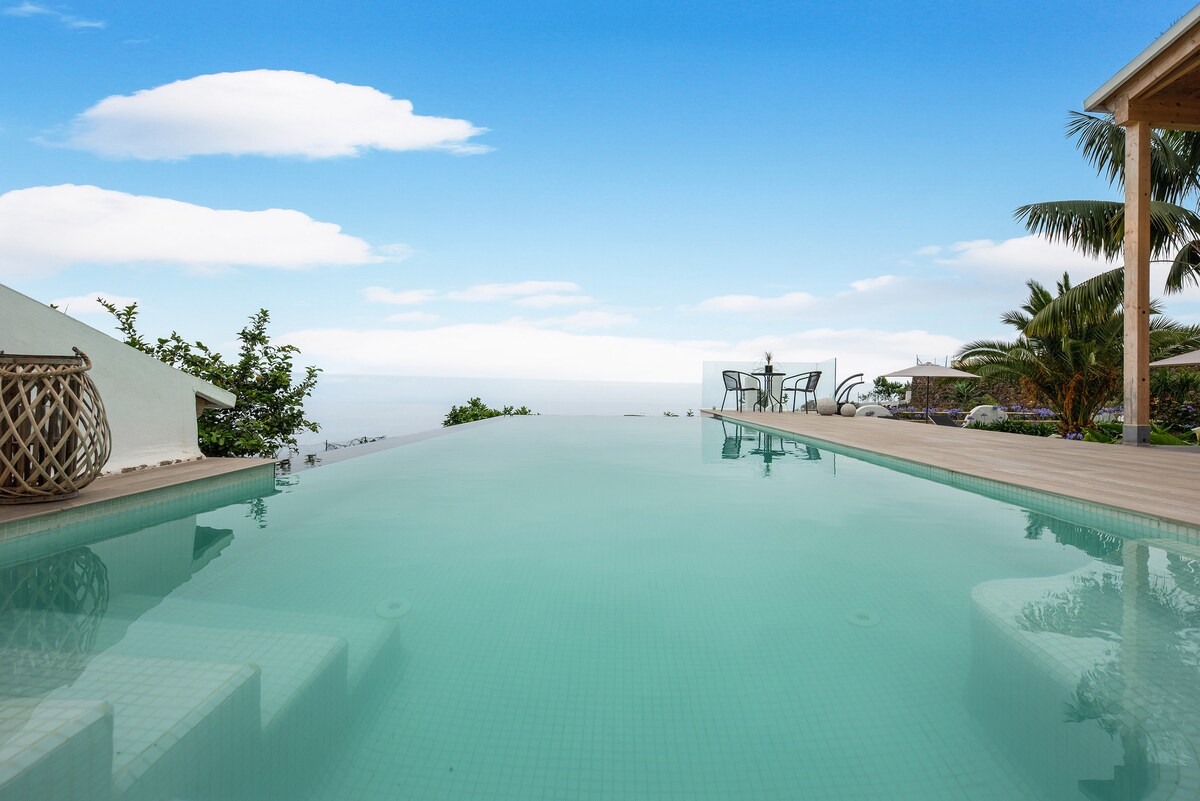 An infinity pool extends towards the horizon, reflecting the sky's colors. Surrounding the pool are lush green plants and a wooden deck. Comfortable outdoor seating is visible in the background, providing a serene space to relax and enjoy the scenic views.