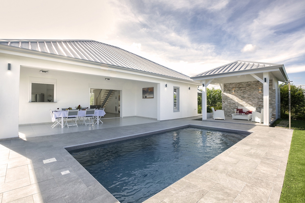 The exterior of the villa features a sparkling pool surrounded by elegant stone tiles. A shaded lounge area is visible beside the pool, providing a comfortable spot for relaxation. The spacious outdoor dining area is equipped with a table and chairs, ideal for enjoying meals outdoors.