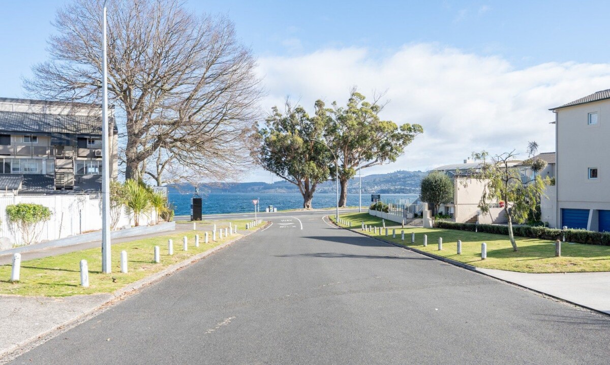 A tree-lined street is seen, with a clear view of the lake visible in the distance. Sidewalks are bordered by manicured grass areas, and light traffic is present. The setting conveys a peaceful atmosphere with spacious horizons and well-maintained properties on either side of the road.