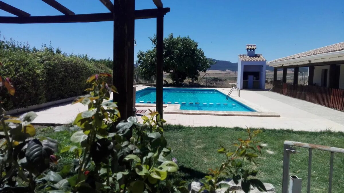 The image displays a shared pool set within a landscaped outdoor area. Surrounding the pool are manicured lawns and hedges. A barbecue area is visible nearby, complemented by a shaded pergola structure. The backdrop features distant mountains under a clear blue sky.