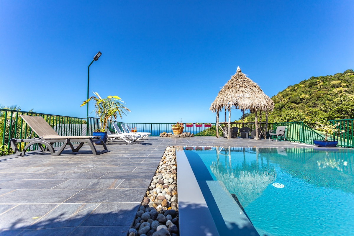 A serene pool area is surrounded by a green railing, featuring a thatched gazebo nearby. Comfortable lounge chairs are positioned for sunbathing, while the inviting pool reflects the clear blue sky. Lush greenery and vibrant flowers complete the tranquil setting.