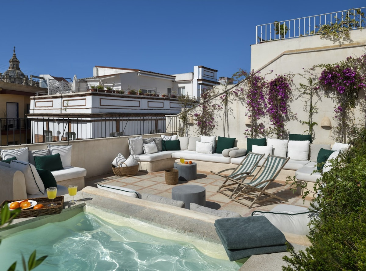 A private terrace is adorned with comfortable seating, soft cushions, and a refreshing plunge pool. Potted plants and blooming vines add a touch of nature, while a sun lounge rests nearby. Bright skies and architectural features of the surrounding area create an inviting atmosphere.