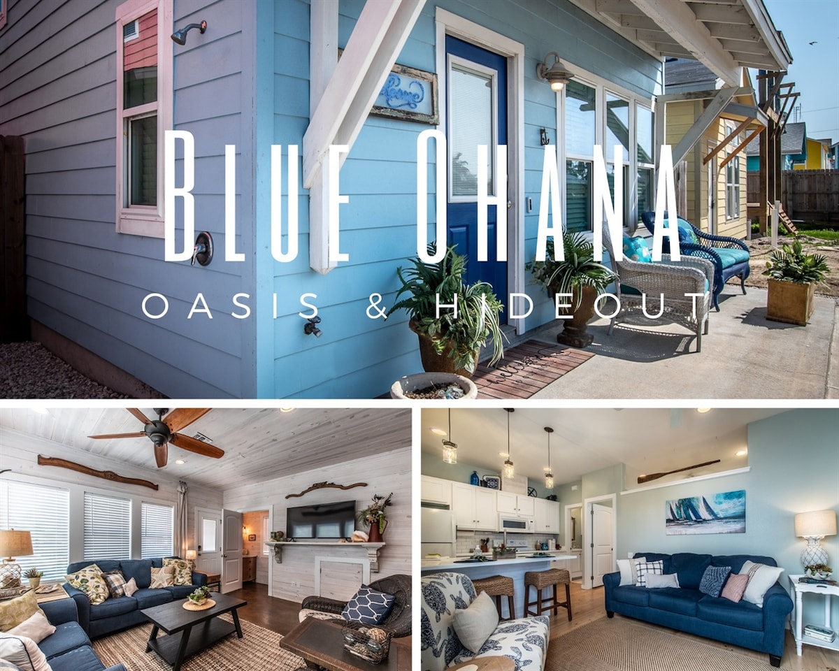 The exterior showcases a charming coastal design with a blue façade and inviting porch area. The collage includes a spacious living room featuring ample seating, a well-lit kitchen with bar seating, and an open layout that emphasizes the home's welcoming atmosphere.