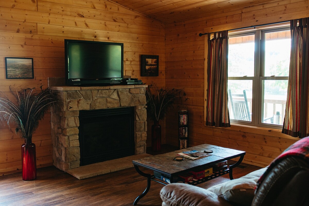 A cozy living area features a stone-lined gas fireplace beneath a flat screen TV. Large windows allow natural light to fill the room, while rich wooden walls create a warm ambiance. A comfortable couch and decorative plants enhance the inviting atmosphere.