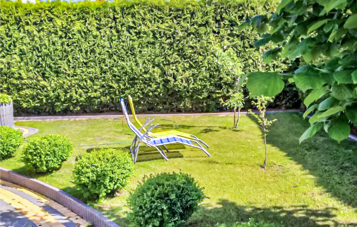 A green lawn area is visible, featuring neatly trimmed shrubs and a small tree. A pair of striped lounge chairs are positioned in the sun, providing a space for relaxation. A well-maintained hedge borders the area, offering privacy.